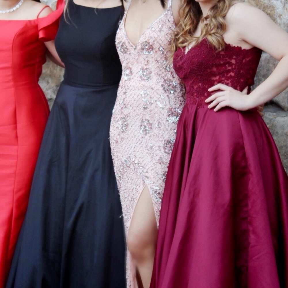 Prom dress: rose gold beaded, open-back, originally $500 selling for $350.